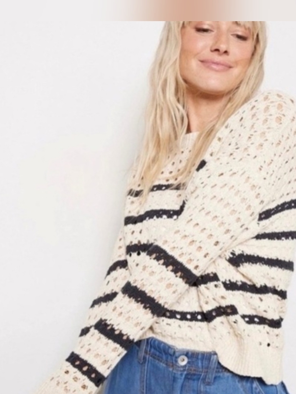 Evereve Cream Stripe Crochet Cotton Sweater